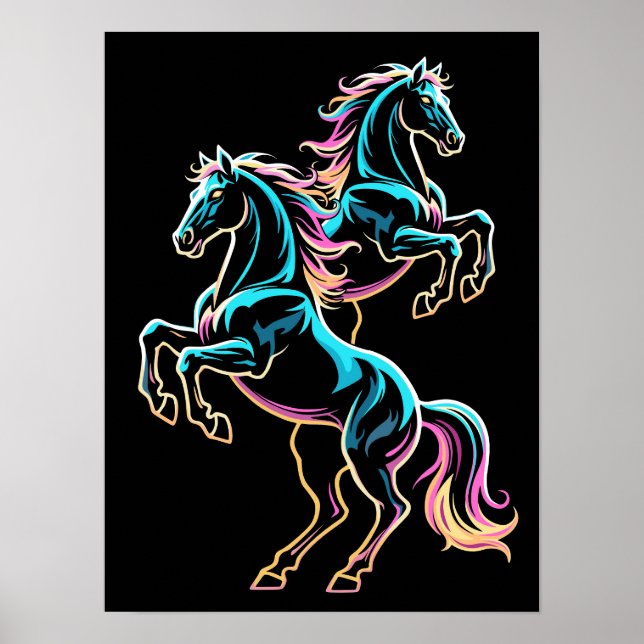 Horse Neon Light Glitch Retro Style Poster (Front)
