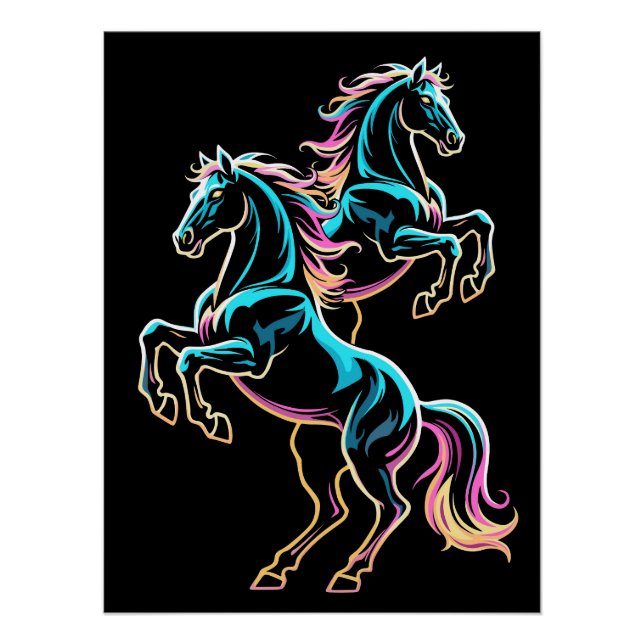 Horse Neon Light Glitch Retro Style Poster (Front)