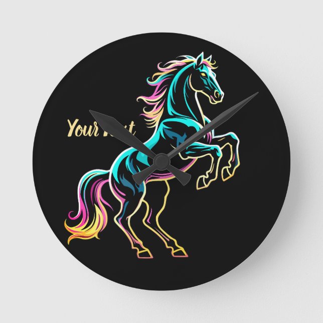Horse Neon Light Glitch Retro Style Round Clock (Front)