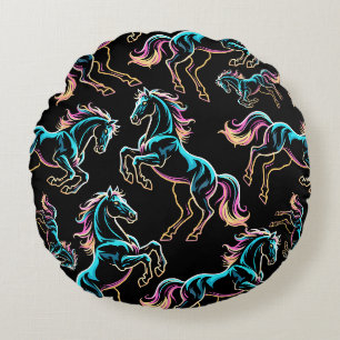 Horse Neon Light Glitch Retro Style Round Cushion