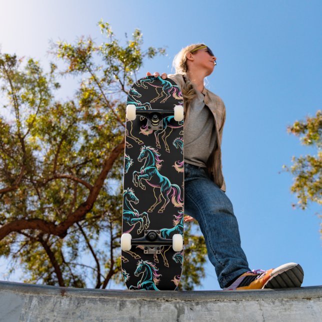Horse Neon Light Glitch Retro Style Skateboard (Outdoor 1)