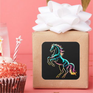Horse Neon Light Glitch Retro Style Square Sticker