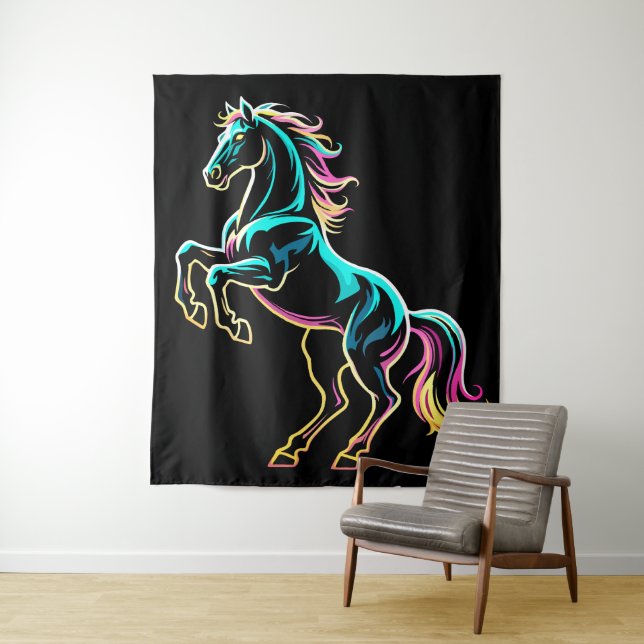 Horse Neon Light Glitch Retro Style Tapestry (In Situ)
