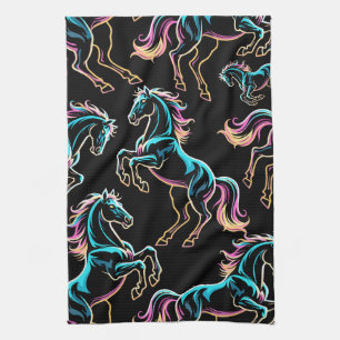 Horse Neon Light Glitch Retro Style Tea Towel