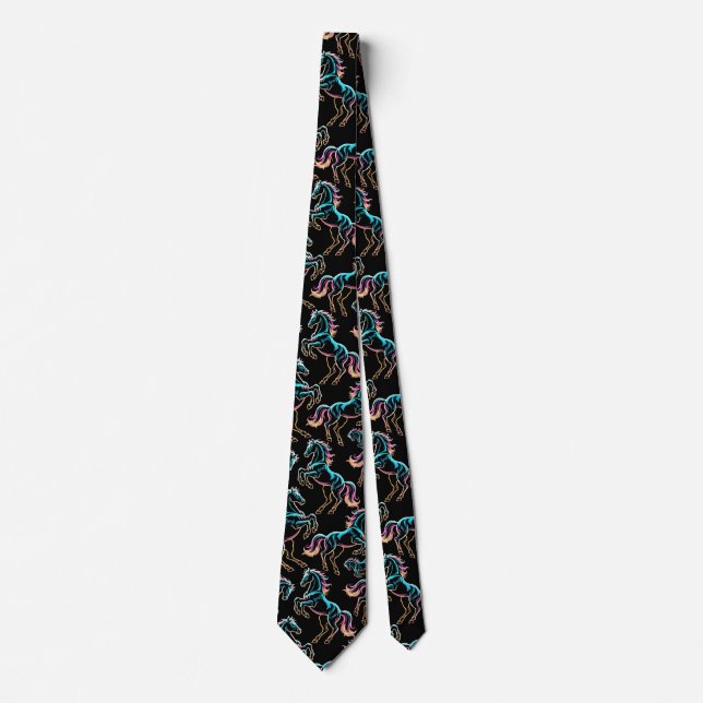 Horse Neon Light Glitch Retro Style Tie (Front)
