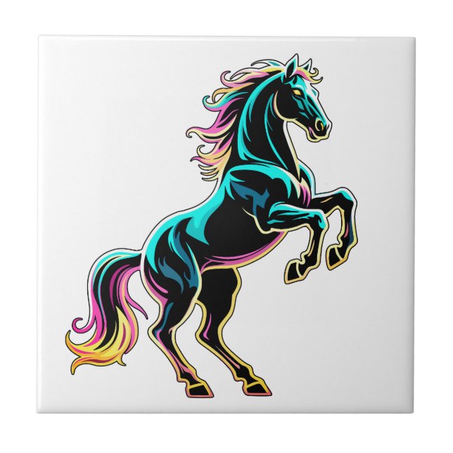 Horse Neon Light Glitch Retro Style Tile (Front)