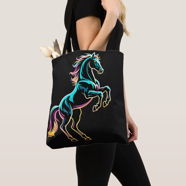 Horse Neon Light Glitch Retro Style Tote Bag (Close Up)