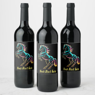 Horse Neon Light Glitch Retro Style Wine Label