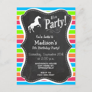 Horse; Neon Orange Pink Blue Green Stripes Invitation Postcard