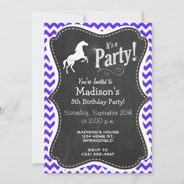 Horse on Blue Violet Chevron; Equestrian Invitation (Front)