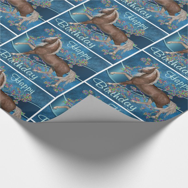 Horse On Blue With Glitter Print Flowers Happy Bir Wrapping Paper (Corner)