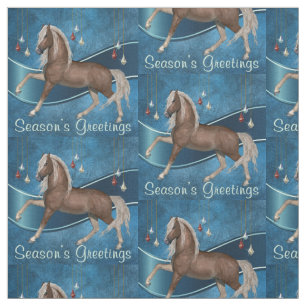 Horse On Blue with Ornaments Season's Greetings Fabric