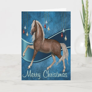 Horse On Blue with Ribbon  Merry Christmas Card