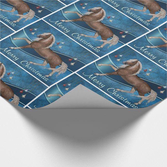 Horse On Blue With Sparkle Ornaments Merry Christm Wrapping Paper (Corner)