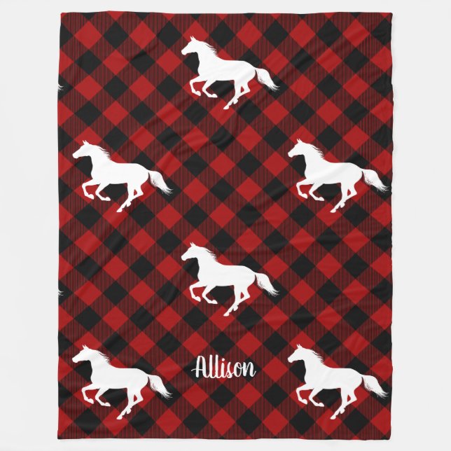 Horse on Buffalo Plaid Custom Fleece Blanket (Front)
