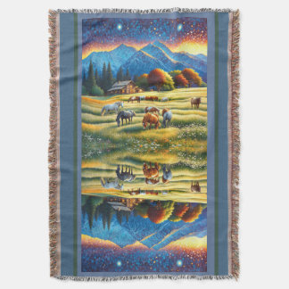 Horse on Farm Wildflower Meadow Throw Blanket