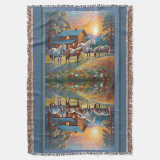 Horse on Farm Wildflower Meadow Throw Blanket