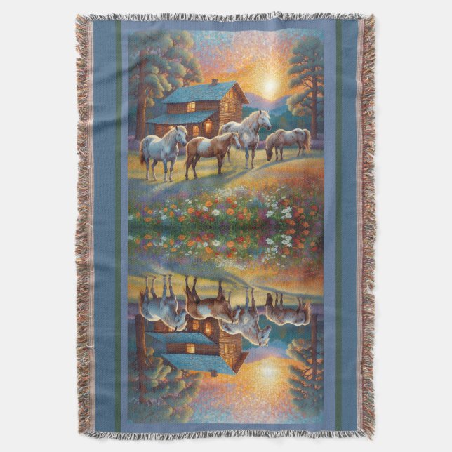 Horse on Farm Wildflower Meadow Throw Blanket (Front Vertical)