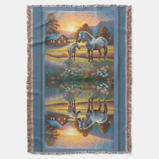 Horse on Farm Wildflower Meadow Throw Blanket