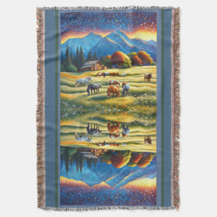 Horse on Farm Wildflower Meadow Throw Blanket