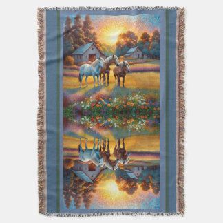Horse on Farm Wildflower Meadow Throw Blanket