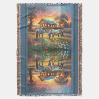 Horse on Farm Wildflower Meadow Throw Blanket