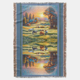 Horse on Farm Wildflower Meadow Throw Blanket