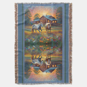 Horse on Farm Wildflower Meadow Throw Blanket