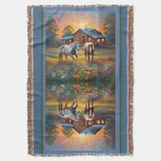 Horse on Farm Wildflower Meadow Throw Blanket