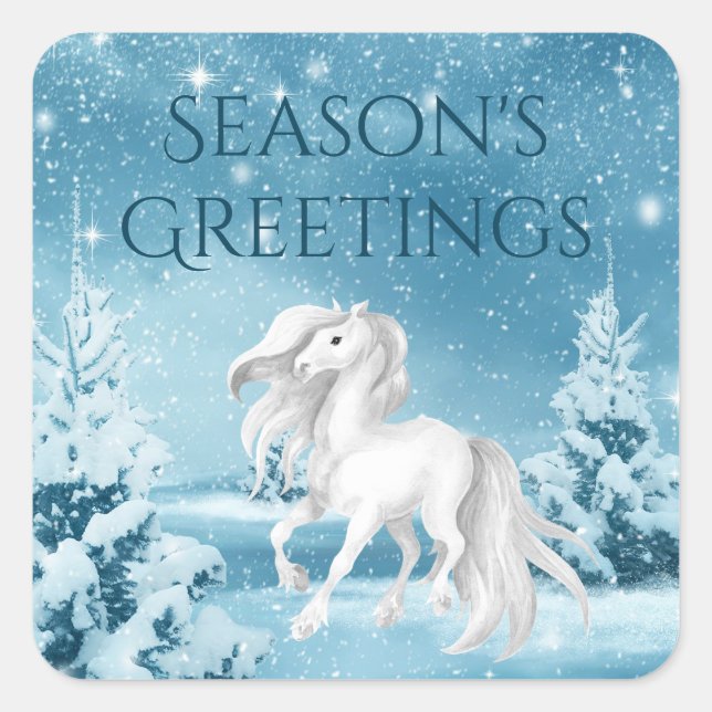 Horse on Snowy Night Season's Greetings Christmas Square Sticker (Front)