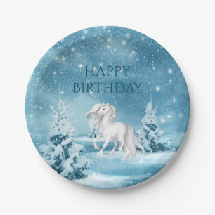 Horse on Snowy Night Winter Happy Birthday Paper Plate
