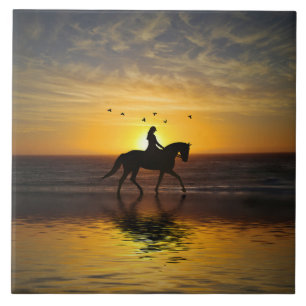 Horse on the Beach at Sunset Riding Tile