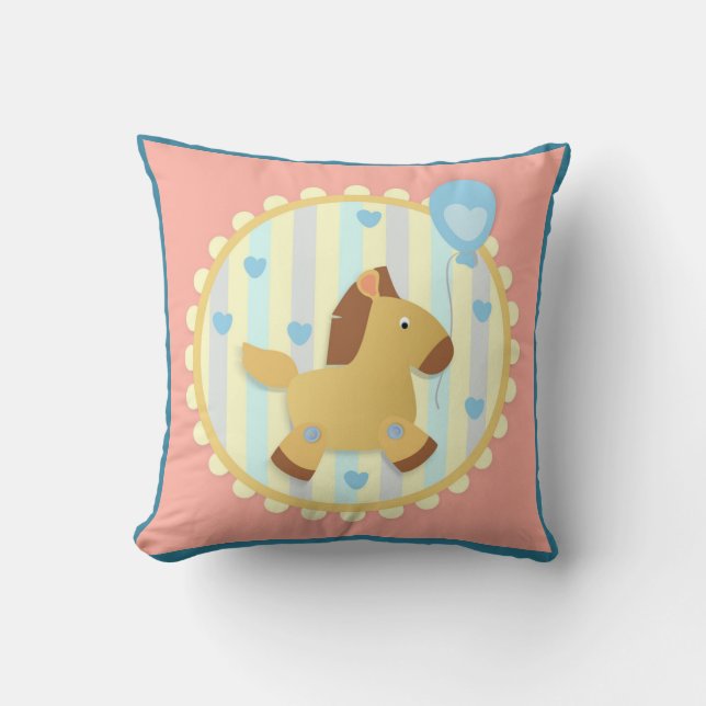 Horse on Warm Stripe Background with Blue Hearts   Cushion (Front)