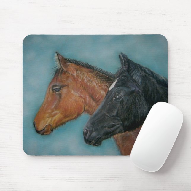 horse painting of black colt chestnut brown foal mouse mat (With Mouse)