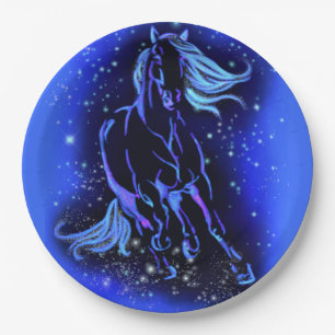 Horse Paper Plates Running In Blue Moonlight Night