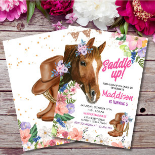 Horse Party Cowgirl  Pink Floral Birthday  Invitation