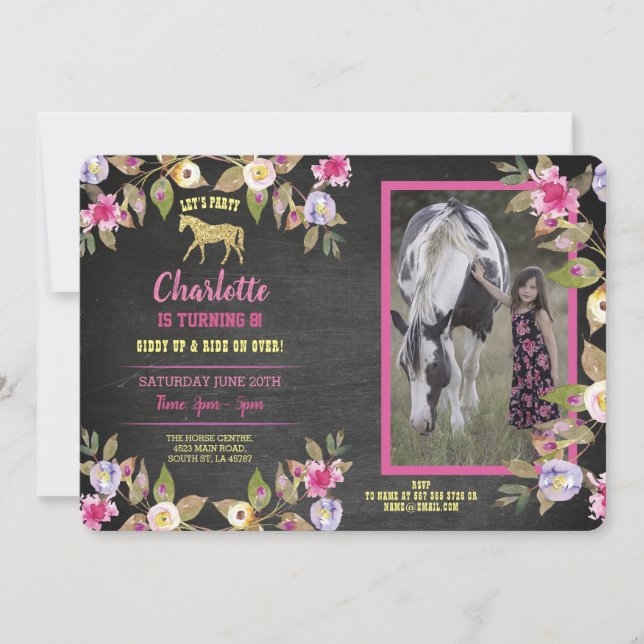 Horse Party Floral Chalk Pony Pink Invitation (Front)