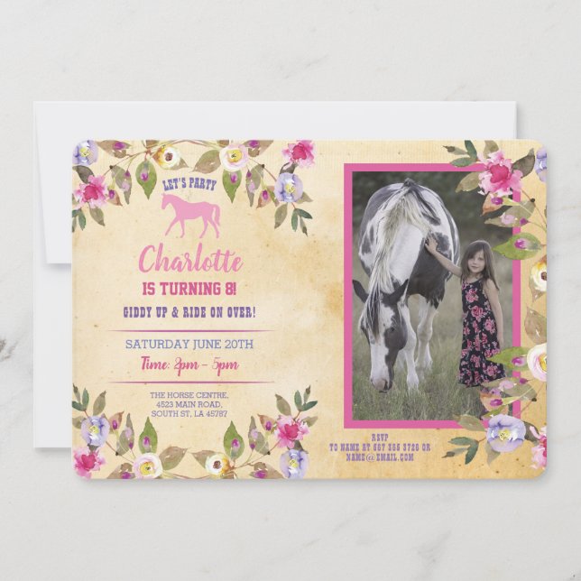 Horse Party Floral Flowers Pony Pink Invitation (Front)