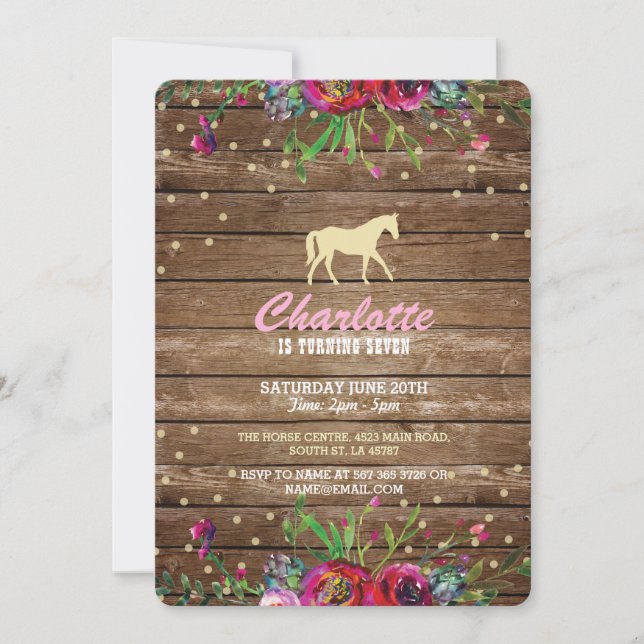 Horse Party Floral Invite Pony Rustic Invitation (Front)