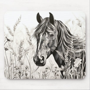 Horse Peaceful Nature Prairie Sketch Drawing Style Mouse Mat