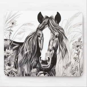 Horse Peaceful Nature Prairie Sketch Drawing Style Mouse Mat