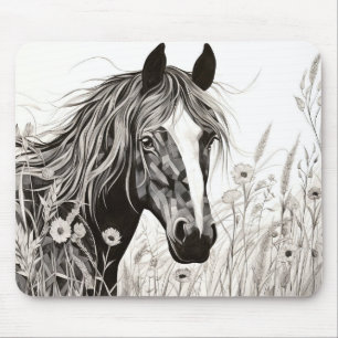 Horse Peaceful Nature Prairie Sketch Drawing Style Mouse Mat