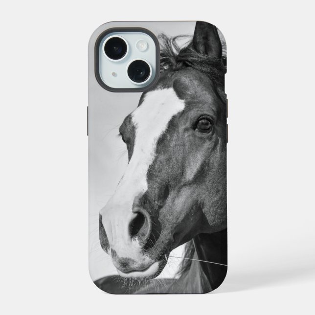 Horse Photo Black and White Personalizable iPhone 15 Case (Back)