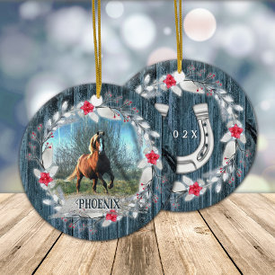 Horse photo blue wood frame silver ceramic tree decoration