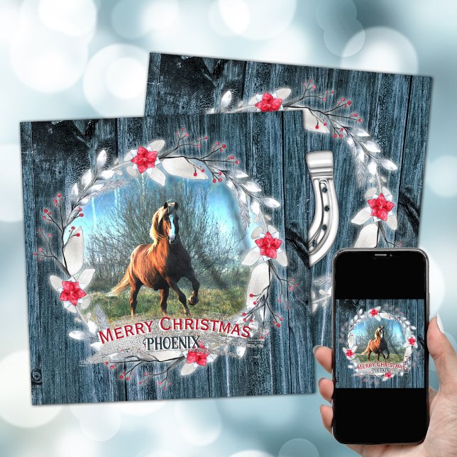 Horse photo blue wood frame silver holiday card (Horse personalized photo Christmas card with blue wood, Christmas wreath, silver horse shoe.)