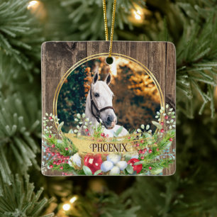 Horse photo wood frame gold Christmas  Ceramic Ornament
