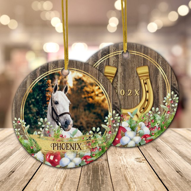 Horse photo wood frame gold Christmas  Ceramic Tree Decoration (Horse photo personalized Christmas ornament with barn wood, gold horse shoe and Christmas wreath.)