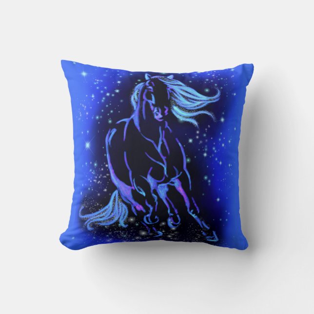 Horse Pillow Running In Blue Starry Moonlight (Front)
