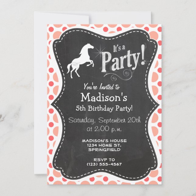 Horse; Pink & Coral Polka Dots Invitation (Front)