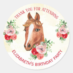 Horse Pink Floral Birthday Classic Round Sticker